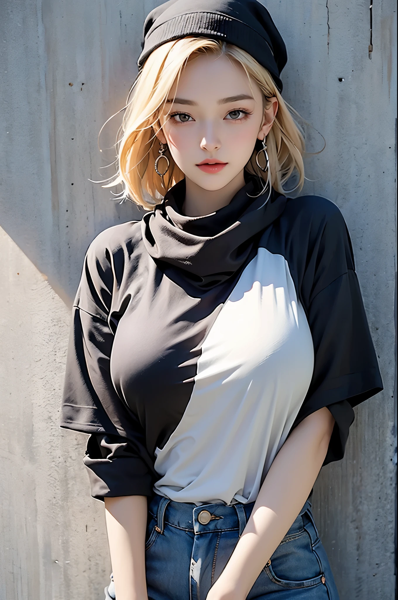 A 20-year-old female、(​Masterpiece:1.4)、(top quality:1.4)、(serious:1.1)、ultra high resolution、high detail、beautiful facial features、Blonde short bob、sunglasses、earrings、knit hat、tartan scarf、A black T-shirt、shorts、(Big breasts:1.3)、blush、stand against wall，(huge breasts:1.2),wet skin