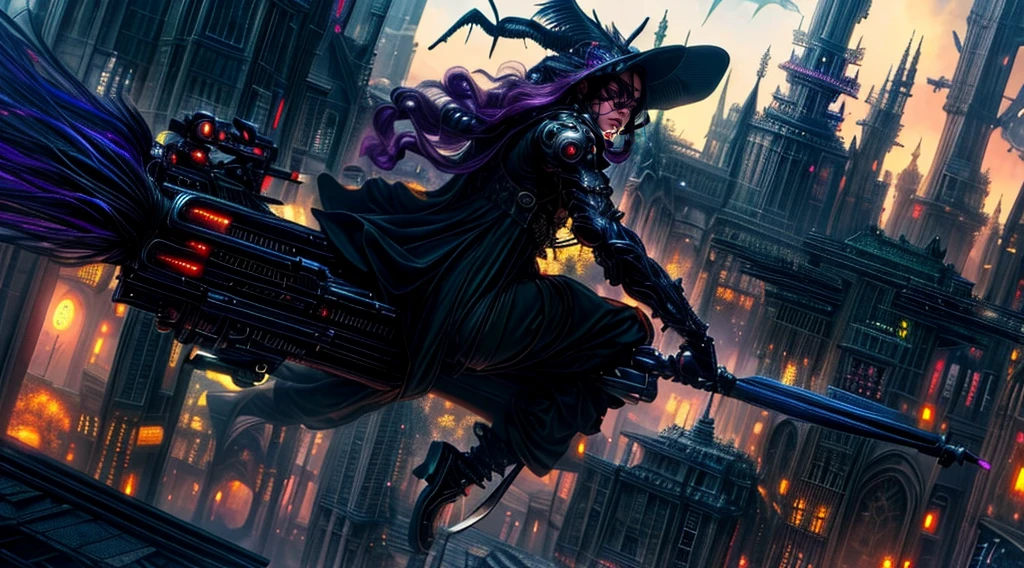 a magical broomstick race but futuristic, multiple participants, close up frontal shot, mystical cyberpunk, dystopian magical city, dutch angle, dynamic, Intricate, High Detail, Sharp focus, dramatic, photorealistic painting art by gerald brom