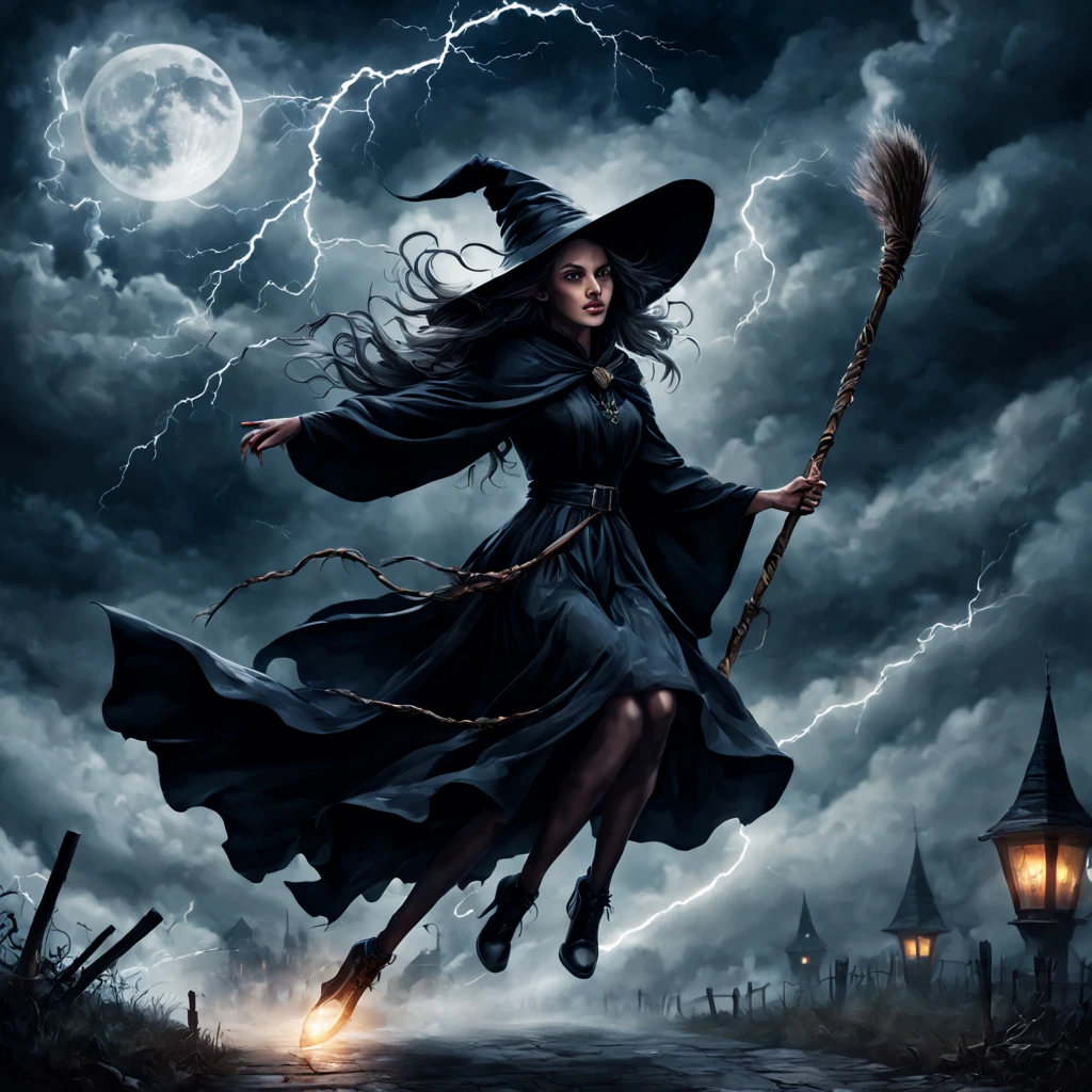 "(best quality,highres,realistic:1.37),scary witches flying on broomsticks, many witches flying on broomsticks, tense race above a cloud and thunderstorm-filled night sky, swirling ring of magic at the end, lightning outlining the course, full moon, mystical atmosphere, dramatic lighting, dark and eerie colors, witch hats and capes, hair flowing in the wind, intense expressions on their faces, intense focus and determination, broomsticks hovering in the air, crackling energy surrounding the broomsticks, ominous thunder and lightning, moonlight casting eerie shadows, mystical symbols in the sky, gusts of wind swirling around the witches, flying at high speed, competing for victory, anticipation and excitement, adrenaline-filled race, intense competition among witches, a thrilling and dangerous challenge, the world below disappearing in the darkness, stars twinkling in the night sky, the howling of the wind, clouds swirling ominously, wisps of fog adding to the eerie atmosphere, a sense of magic and mystery in the air."