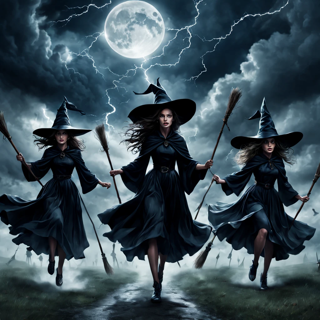 "(best quality,highres,realistic:1.37),scary witches flying on broomsticks, many witches flying on broomsticks, tense race above a cloud and thunderstorm-filled night sky, swirling ring of magic at the end, lightning outlining the course, full moon, mystical atmosphere, dramatic lighting, dark and eerie colors, witch hats and capes, hair flowing in the wind, intense expressions on their faces, intense focus and determination, broomsticks hovering in the air, crackling energy surrounding the broomsticks, ominous thunder and lightning, moonlight casting eerie shadows, mystical symbols in the sky, gusts of wind swirling around the witches, flying at high speed, competing for victory, anticipation and excitement, adrenaline-filled race, intense competition among witches, a thrilling and dangerous challenge, the world below disappearing in the darkness, stars twinkling in the night sky, the howling of the wind, clouds swirling ominously, wisps of fog adding to the eerie atmosphere, a sense of magic and mystery in the air."