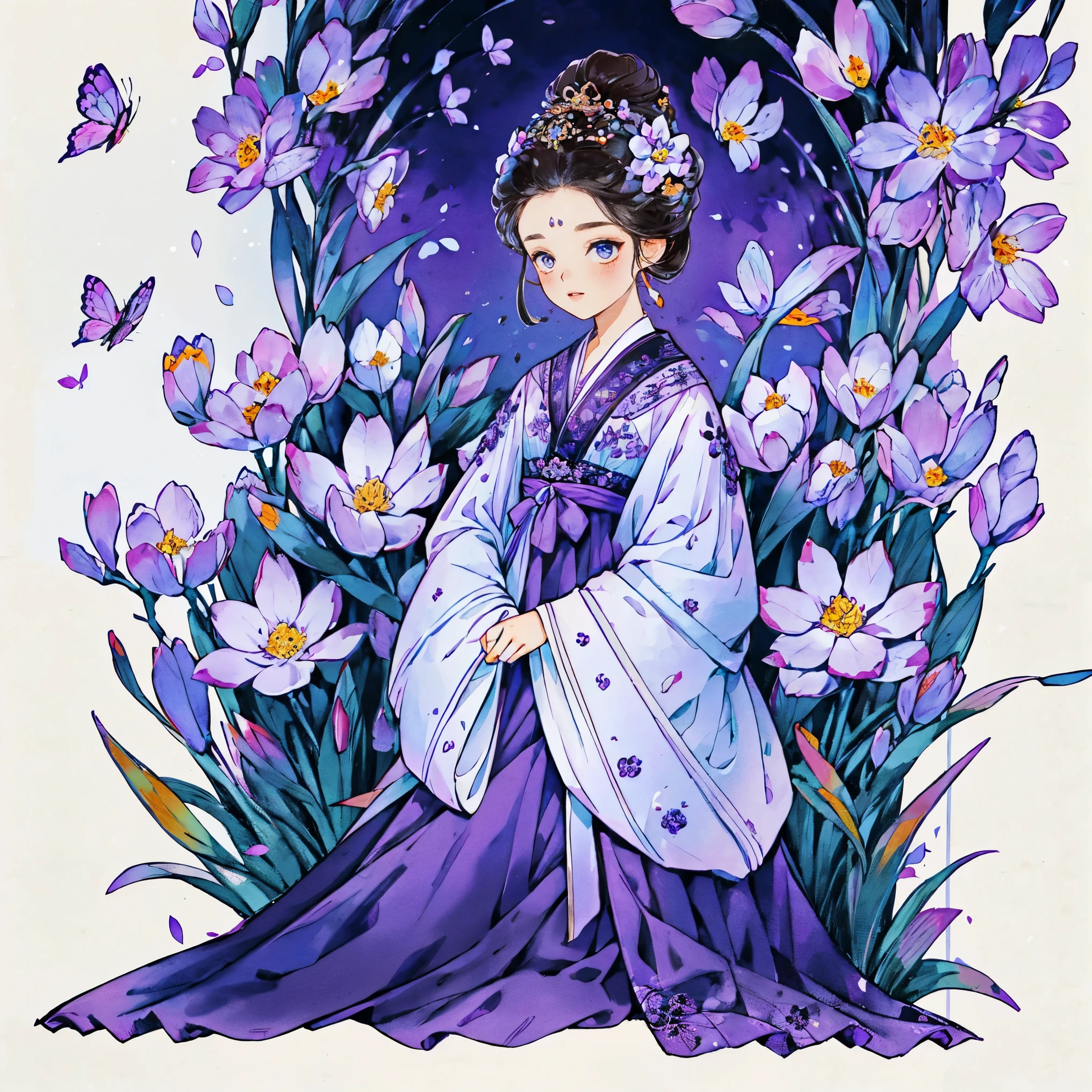 1 Sister, Alone, looking at viewert, face flushed, Background with, black hair color hair, hair adornments, longer sleeves, white backgrounid, everlasting, Full body lesbian, flowers blooming, purpleish color, hairflower, hair-bun, butterflys, tmasterpiece, recent quality, The finest details, Clear facial features, beautidful eyes