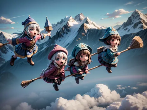 Three wizard girls are ((flying over the sky)) on broomsticks, high mountains and clouds in the background , flying broomstick r...