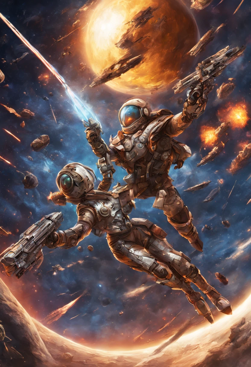 cyborg warriors do battle as they fly through space using rocket engine flying broomsticks, intense, high drama, comical, explosions, lasers, set in deep space