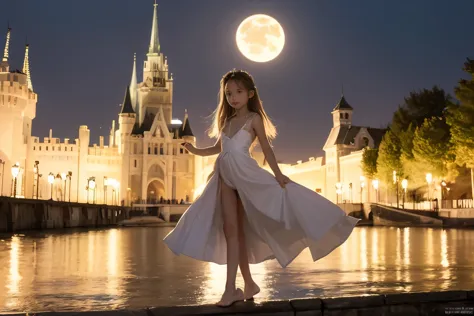 (Highly detailed CG Unity 8K wallpaper), the most beautiful works of art in the world, Blonde girl walking in the castle garden ...