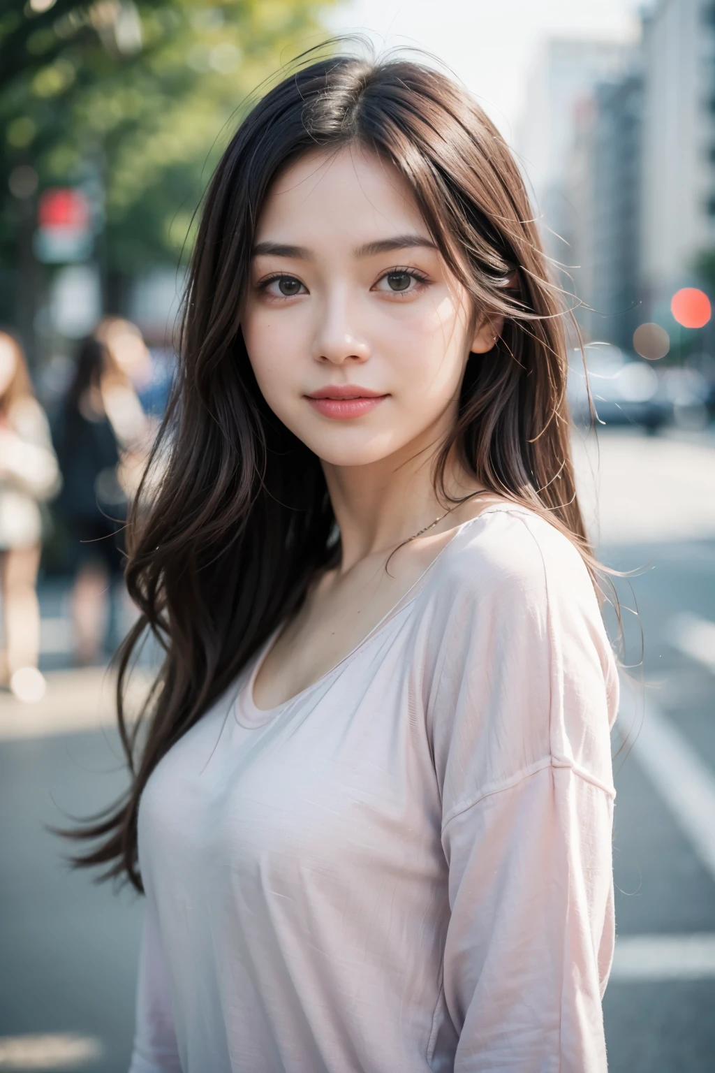 (8k, Best Quality, Masterpiece:1.2), (Realistic, Photorealistic:1.37), Ultra Detail, 1 Girl,Cute,Solo, Portrait, street photography, natural light, bokeh, Chinese beauty, long silky hair, chic and comfortable, casual clothing, Beautiful Detailed Sky,Date,(Blush),(Smile:1.15),Beautiful Detailed Eyes,(Long Hair: 1.2),Floating Hair NovaFrogStyle