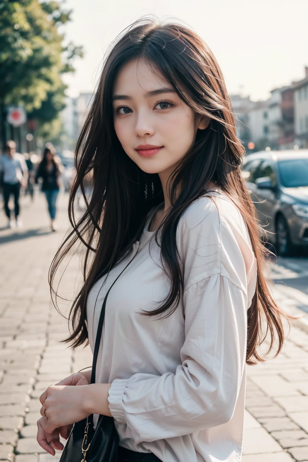 (8k, Best Quality, Masterpiece:1.2), (Realistic, Photorealistic:1.37), Ultra Detail, 1 Girl,Cute,Solo, Portrait, street photography, natural light, bokeh, Chinese beauty, long silky hair, chic and comfortable, casual clothing, Beautiful Detailed Sky,Date,(Blush),(Smile:1.15),Beautiful Detailed Eyes,(Long Hair: 1.2),Floating Hair NovaFrogStyle