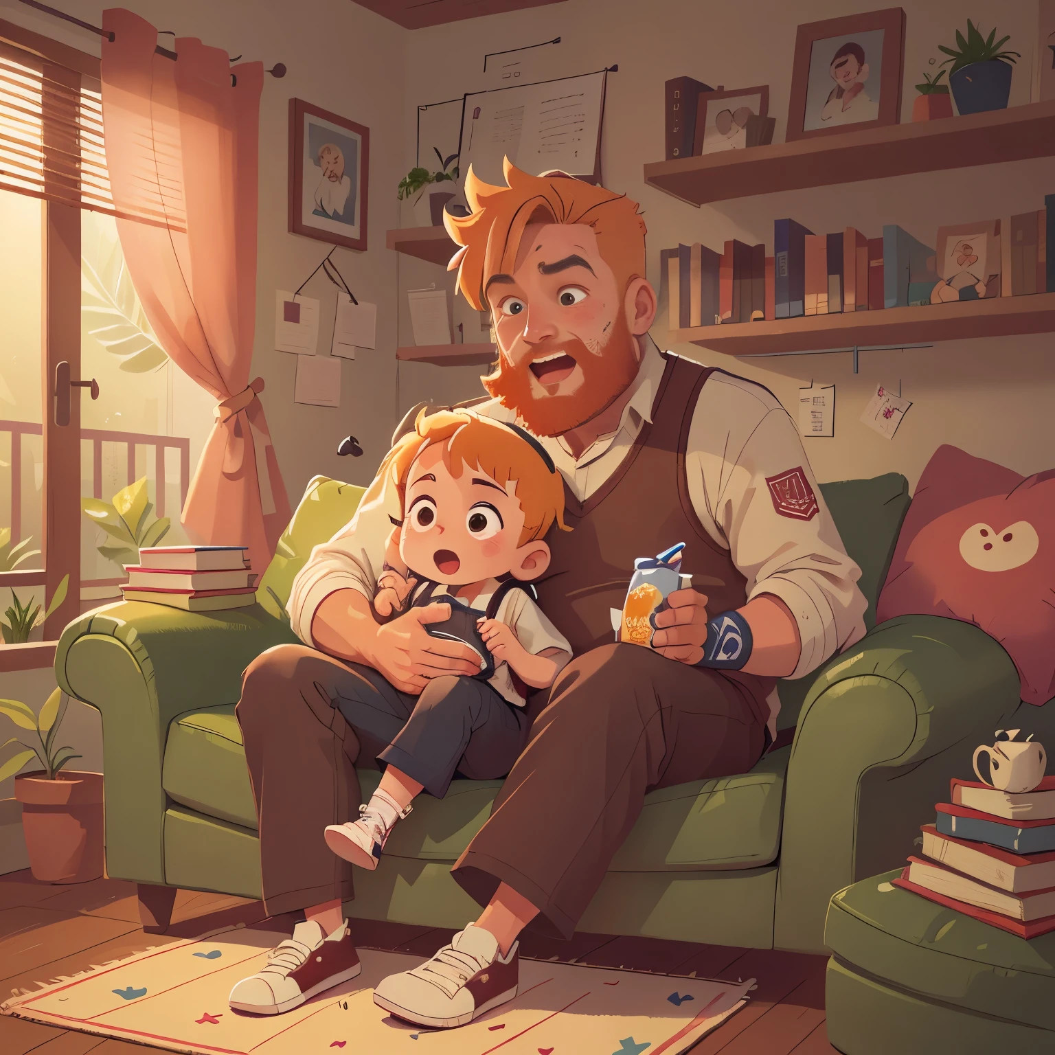 Warm home, ((two people)), a bearded father holding a little boy sitting on the sofa, living room, balcony, carpet, ((blond hair)), watercolor, medieval style, joy, laughter, sofa, carpet, interior