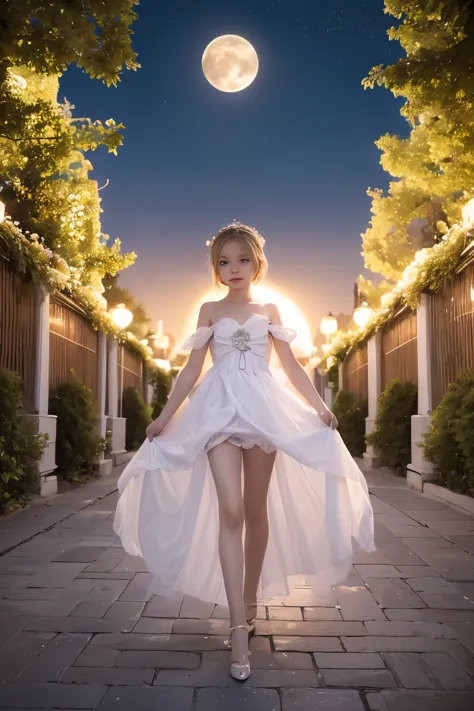 (Highly detailed CG Unity 8K wallpaper), the most beautiful works of art in the world, Blonde girl walking in the castle garden ...