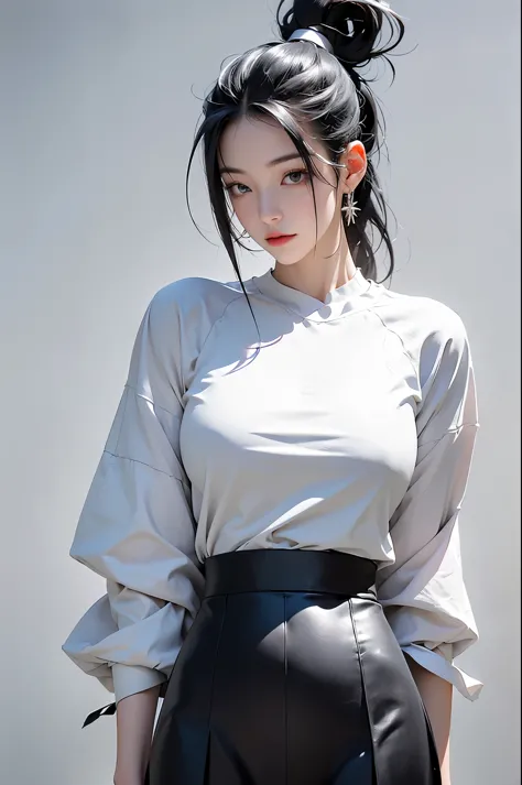 a 20 yo woman、Black and blue hair、ponytail、(High top fade in and out:1.3)、dark theme、mute、pastel colors、high contrast、(natural skin texture、Surrealism、soft light、sharp)、cosmetic, mascara, the lips are softly colored, simple黑色背景, Minimalism, monotonous, sim...