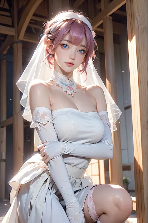 Ernonai, Nino Nakano, short hair, Bangs, blue eyes, hair accessories, Headband, pink hair, blunt Bangs, sides up, butterfly hair accessories,
rest gloves, skirt, split, bare shoulders, clavicle, elbow gloves, White gloves, white skirt, Strapless, crown, ve...