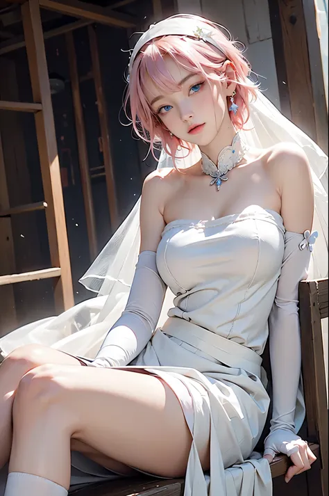 Ernonai, Nino Nakano, short hair, Bangs, blue eyes, hair accessories, Headband, pink hair, blunt Bangs, sides up, butterfly hair accessories,
rest gloves, skirt, split, bare shoulders, clavicle, elbow gloves, White gloves, white skirt, Strapless, crown, ve...