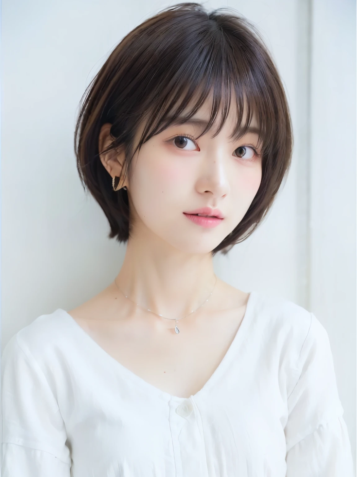 (highest quality、8K、32k、masterpiece、nffsw:1.2)、photo of cute japanese woman、very short bobbed hair、Upper body、necklace、shot from above、Don&#39;Don&#39;don&#39;t look at the audience、(realistic、Photoreal:1.37)、1 girl、Shot in natural light、Physically based rendering、excellent image quality、High resolution、1080P、(Detailed facial description)、(Detailed explanation of hands)、(Detailed CG)、Rich details、(exquisite features)、(best image quality)、(masterpiece)、(fine eyes)、delicate clavicle、Versatile poses、profile、white wall、Taken in front of the white door、(A room with a white wall and a window)、earrings、laughter、Spring clothes、 shortcut、short hair、((white blouse))

