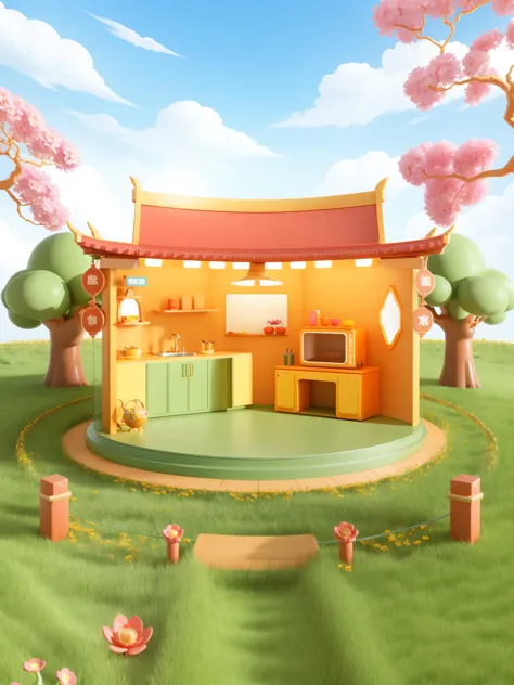 3ddianshang\(style\),round booth, wallet, flower, grass, cellular phone, sky, cartoon tree, cloud, 3d rendering, 3dstyle, spring...