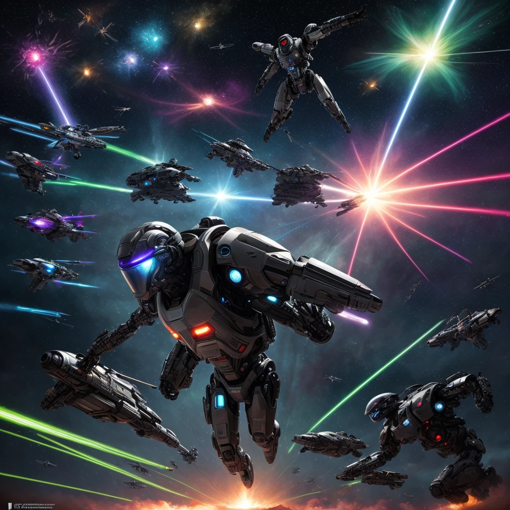 cyborg warriors do battle as they fly through space using rocket engine flying broomsticks, intense, high drama, comical, explosions, lasers, set in deep space