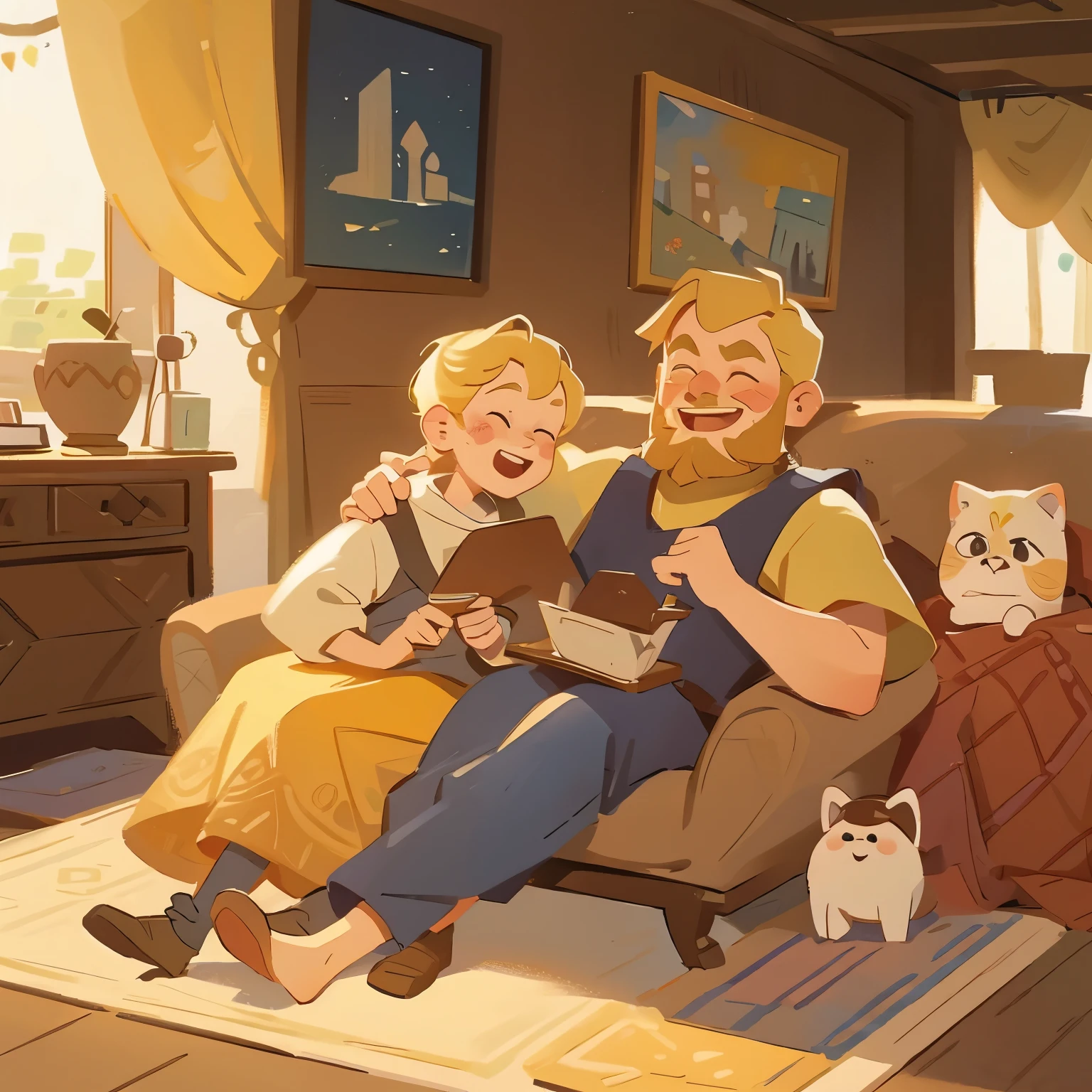 Warm home, ((two people)), a bearded father holding a little boy sitting on the sofa, living room, balcony, carpet, ((blond hair)), watercolor, medieval style, joy, laughter, sofa, carpet, interior