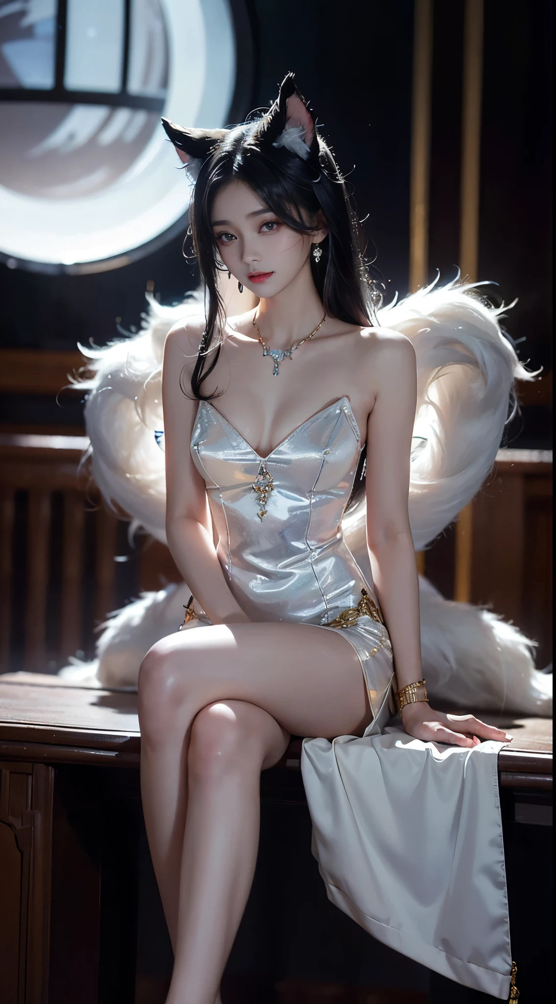  ahri_Cosplay, White Tails, Black long hair, yellow eyes,  ((full body)), ((Shot from a random perspective)), ((sitting position)), ((in the classroom, Sit at the lectern)), (yushuxin,1girl,独奏), clear face, pretty face, 8K, masterpiece, original photo, best quality, detail:1.2,lifelike, detail, Very detailed, CG, unified, wallpapers, depth of field, movie light, lens flare, Ray tracing, (extremely beautiful face, beautiful lips, beautiful eyes), intricate, detail face, ((ultra detailed skin)), 1 girl, in the darkness, deep shadow, beautiful korean girl, kpop idol,(Very slim figure:1.3), A plump chest, Large breasts, Slender sexy legs, Very nice legs, elegant posture, (bright smile), (City night, (neon lights), (night), beautiful korean girl, white diamond earrings, Diameter bracelet, Dia necklace, clear eyes, (big eyes)