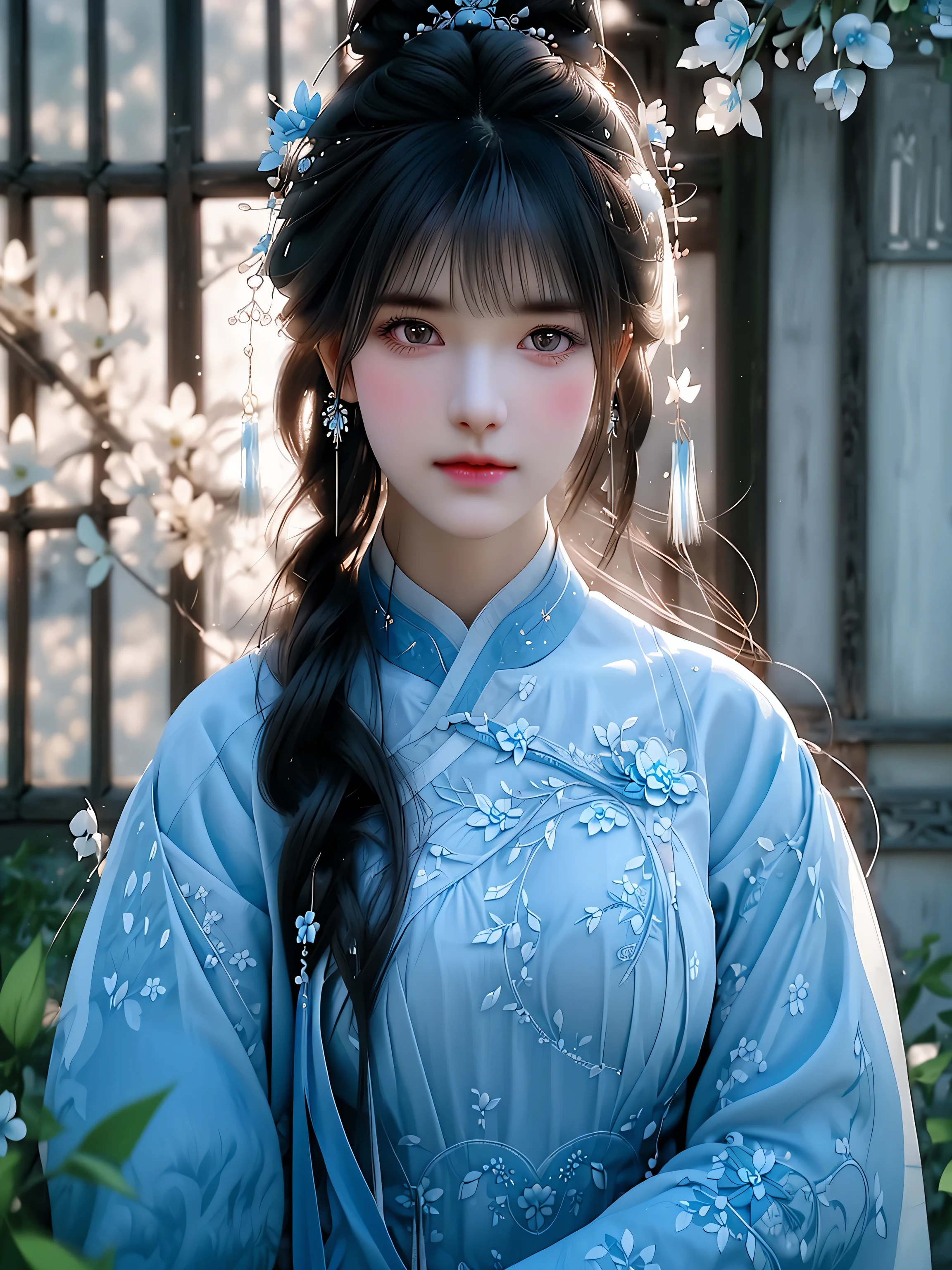 Uma personagem feminina animada de estilo chinês, Beleza clássica intrincada, Usa roupas tradicionais impressionantes, As cores principais são azul claro e branco, O cabelo dela estava preso em um coque intrincado, Decorado com acessórios azuis e brancos e franjados, longo, Sobrancelhas finas realçam perfeitamente suas sobrancelhas grandes, olhos brilhantes, Maquiagem leve realça ainda mais seus traços, Ela segura um leque desdobrado na mão, Cheia de padrões florais delicados，Combina a roupa dela, O fundo de flores com formas simples é pintado de azul claro，Traz serenidade e elegância à composição, O charme do estilo geral vem de sua gentileza e sofisticação, linhas suaves, Cores calmantes criam uma estética de sonho, (melhor qualidade,4K,8K,Alta resolução, obra de arte:1.2),super detalhado,(real,photoreal,photo-real:1.37),iluminação de estúdio, pintura ultrafina