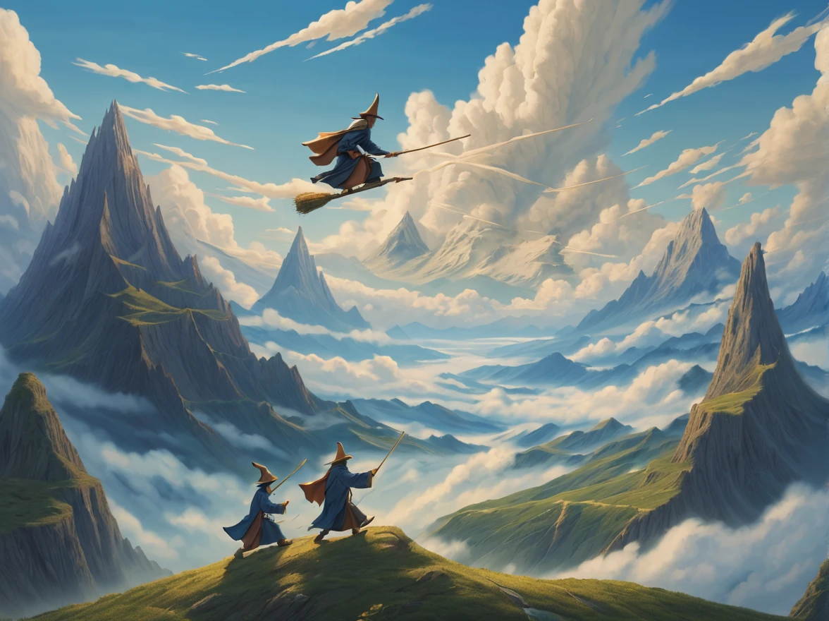 on a bright afternoon，Several wizards compete on broomsticks under the blue sky。They shuttle among the clouds，intense competition，chasing each other。The background is a vast sky and distant mountains，Gives people a feeling of flying。（（（masterpiece）））， （（best quality））， （（intricate details））， （（Surrealism））（8k）