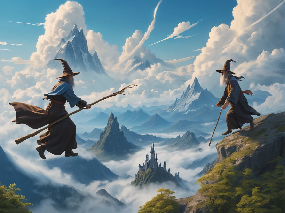 on a bright afternoon，Several wizards compete on broomsticks under the blue sky。They shuttle among the clouds，intense competition，chasing each other。The background is a vast sky and distant mountains，Gives people a feeling of flying。（（（masterpiece）））， （（best quality））， （（intricate details））， （（Surrealism））（8k）