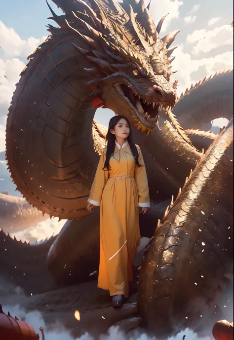 A beautiful girl in Vietnamese longdress, a giant Chinese dragon, realistic, insane details, ultra-detailed, front light, 8k, 