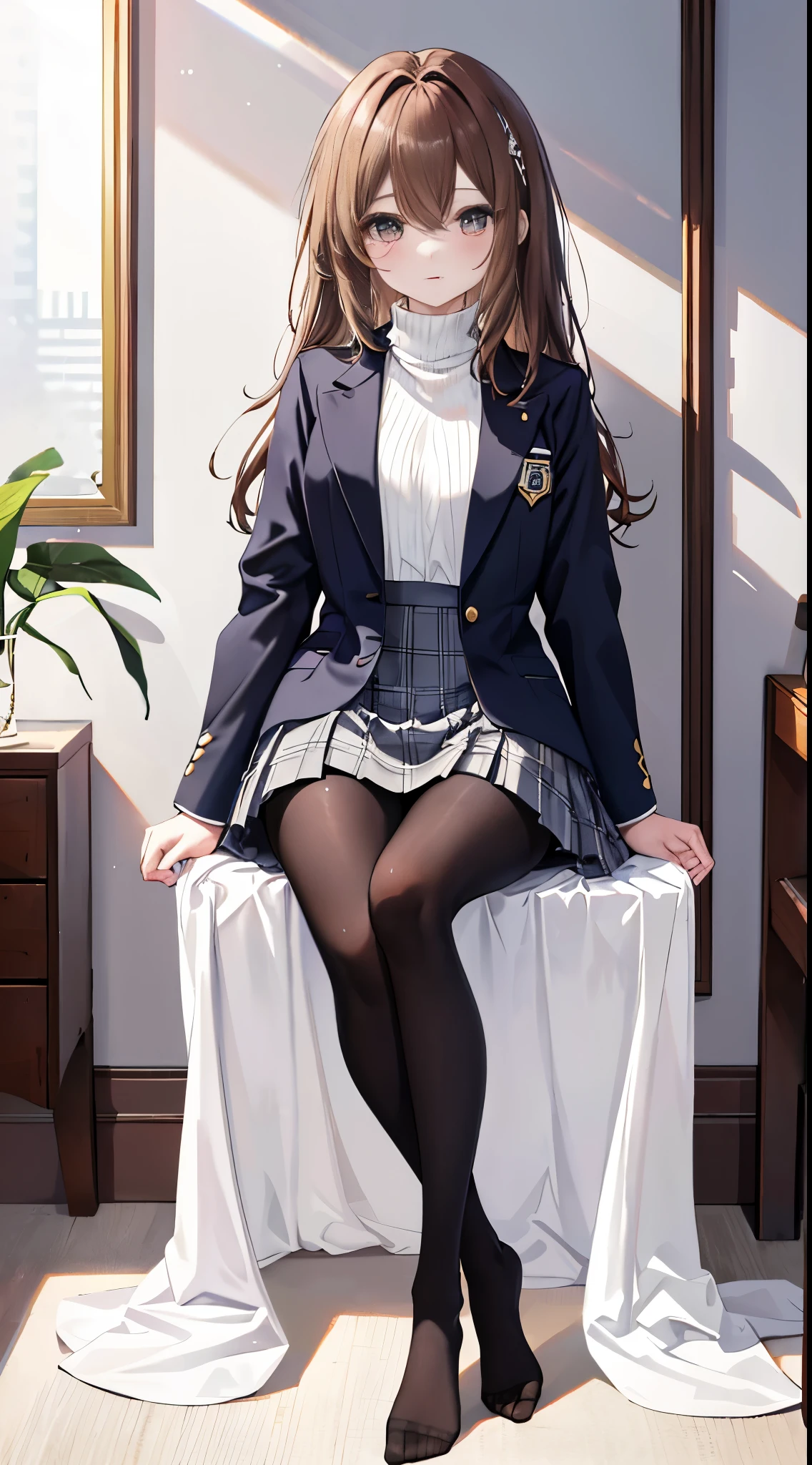 finest, masterpiece, High resolution, (Full body view from head to toe), front, frontやや下からの構図, Symmetrical, 18 year old tall girl, alone, (whole body from head to toe), (small breasts), Unkempt brown hair, bangs, (black tights), (black pantyhose), (sitting with legs spread apart), (squating pose), (composition showing white panties), (Her legs are spread open and her white panties are visible.), (made to sit on the floor with legs spread), (M-shaped legs), Slender legs, A very beautiful and tall 18 year old girl, (not wearing shoes), blush, shy big eyes, looking at camera, Blazer Uniform, Plaid pleated skirt