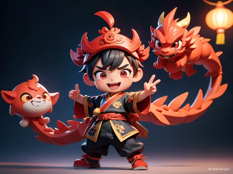 3D ip design, popmat style, blind box toy, A super cute Chinese boy with a traditional Chinese dragon dance, traditional Chinese...