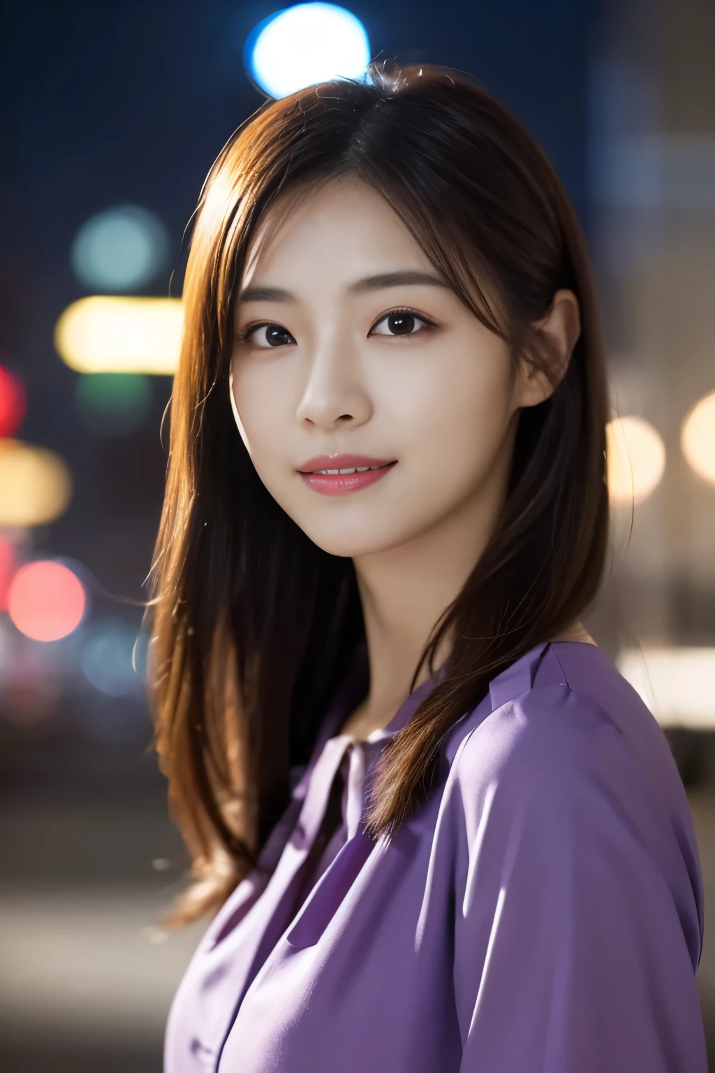 1 girl, (Wearing a purple blouse:1.2), Beautiful Japan actress,
(RAW photo, highest quality), (realistic, Photoreal:1.4), masterpiece, 
very delicate and beautiful, very detailed, 2k wallpaper, wonderful, 
finely, very detailed CG Unity 8K 壁紙, Super detailed, High resolution, 
soft light, beautiful detailed girl, very detailed目と顔, beautifully detailed nose, beautiful and detailed eyes, cinematic lighting, 
break
(Against the backdrop of a snowy night cityscape 1.3), city lights, 
perfect anatomy, slender body, smile, Face the front completely, look at the camera