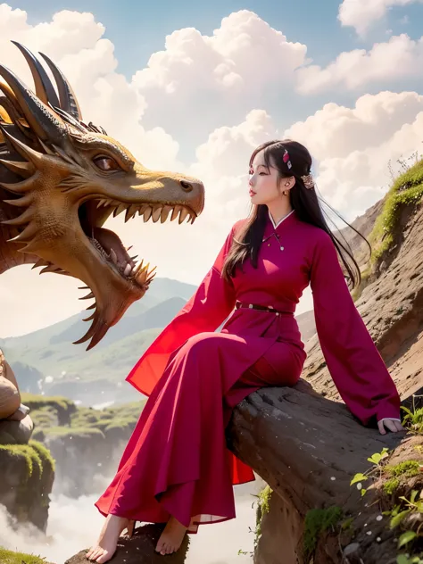 A beautiful girl in Vietnamese longdress, a giant Chinese dragon, art realistic, 8k, 