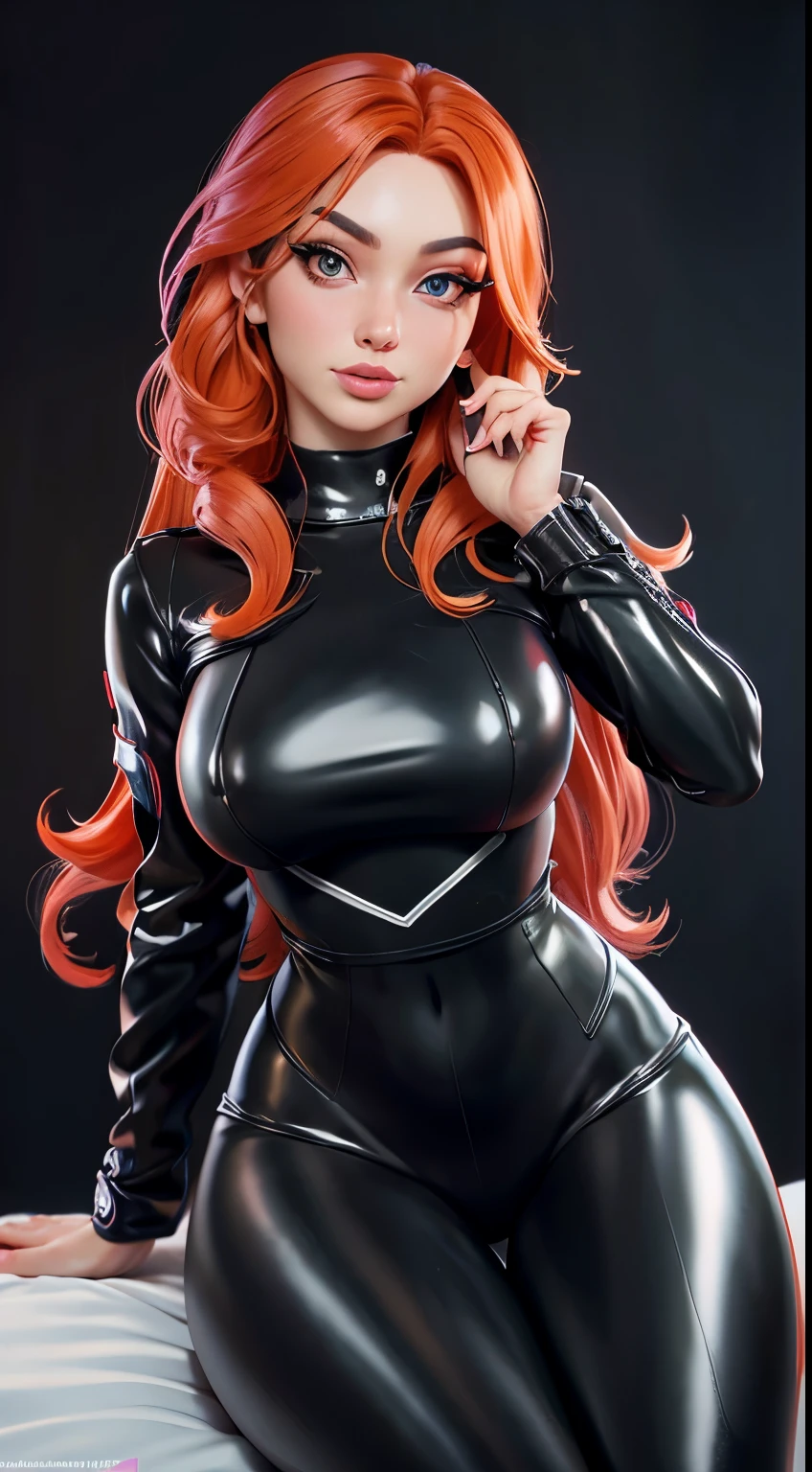 Ultra Macro Photography, fantasy girl, ((Black Widow)), huge breasts, kissing lips, latex outfit, shiny/glossy latex, bodysuit outfit, hyper holographic black latex, long hair, long bangs, defined thick thighs, NSFW, hentai, perfect makeup, realistic face, (detailed eyes), light green eyes, orange hair, eyelashes, :o, bedroom, sitting on bed, leaning forward, (eyes looking at viewer), big booty shot,