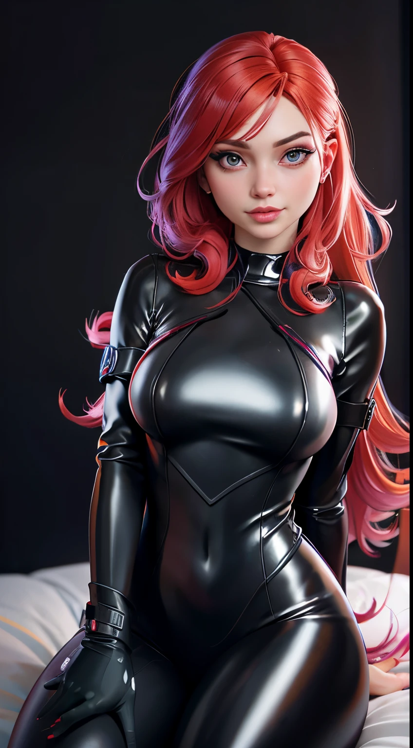 Ultra Macro Photography, fantasy girl, ((Black Widow)), huge breasts, kissing lips, latex outfit, shiny/glossy latex, bodysuit outfit, hyper holographic black latex, long hair, long bangs, defined thick thighs, NSFW, hentai, perfect makeup, realistic face, (detailed eyes), light green eyes, orange hair, eyelashes, :o, bedroom, sitting on bed, leaning forward, (eyes looking at viewer), breasts shot,