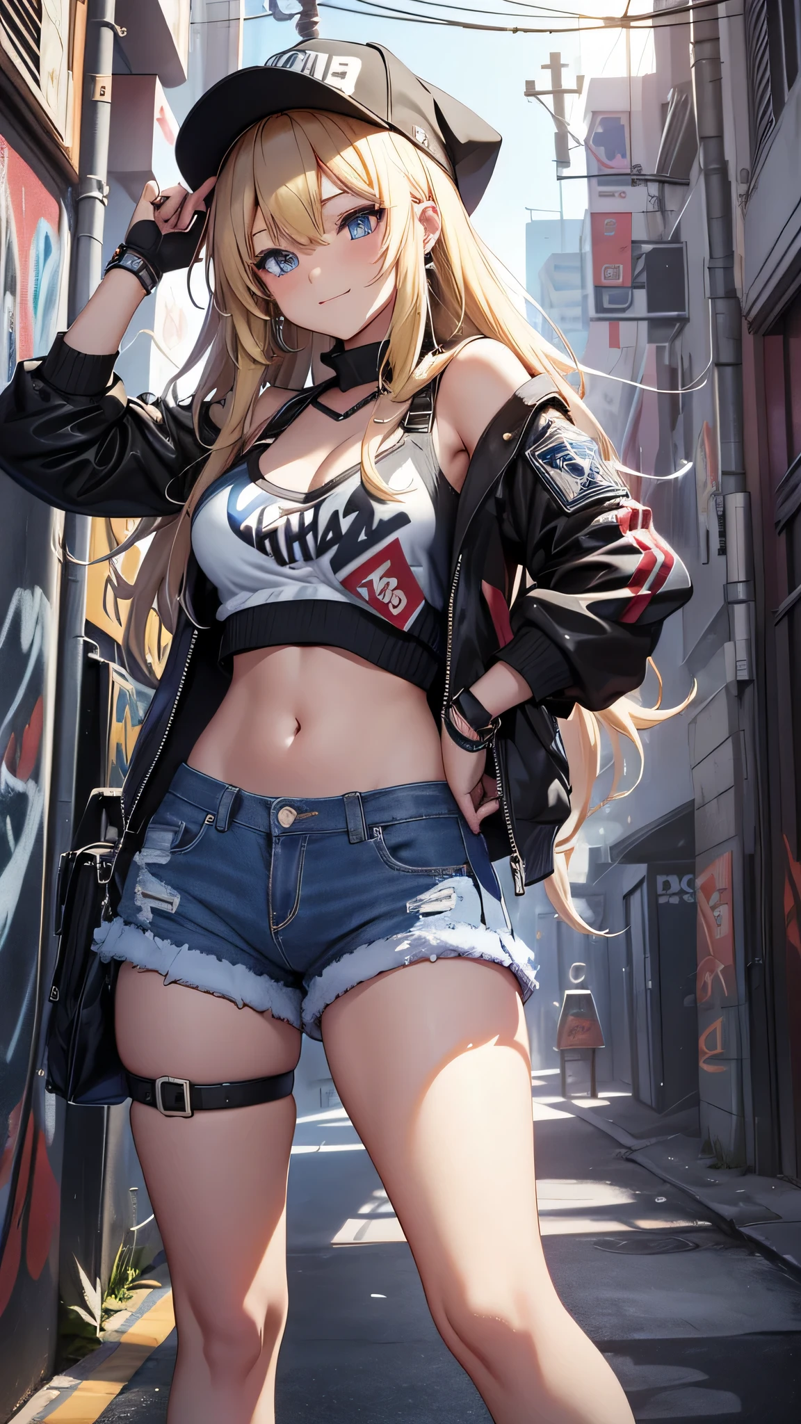 最high quality、best image quality、masterpiece、teenage girl((1、 By becoming、vest bust、medium bust,wide open breast tea、black eye, blonde hair、Habitual hair、long hair、thin,highest valley、navel black tank top、blue shorts、Holding a spray can、smug face、leaning forward、paint跡)),high quality、beautiful art、background((Bright city、wall、graffiti、paint))debris flies、Depth of written boundary、movie、visual art、perfect art、8K,genuine