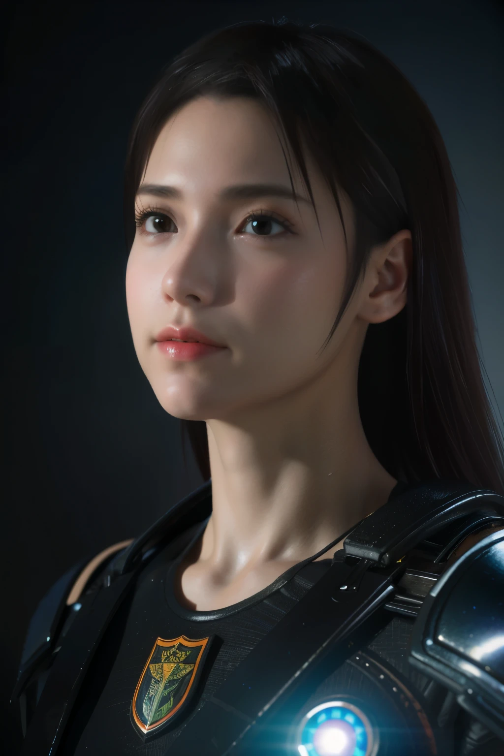 Game art，The best picture quality，Highest resolution，8k，(A bust photograph)，(Portrait)，(Head close-up)，(Rule of thirds)，Unreal Engine 5 rendering works， (The Girl of the Future)，(Female Warrior)， 
20-year-old girl，An eye rich in detail，(Big breasts)，Elegant and noble，indifferent，brave，
（A futuristic combat suit with medieval style，A beautifully patterned badge，Joint Armor，Extremely rich detail of armor，Mysterious light），Sci-fi characters，Warrior，

Photo poses，Simple background，Movie lights，Ray tracing，Game CG，((3D Unreal Engine))，oc rendering reflection pattern