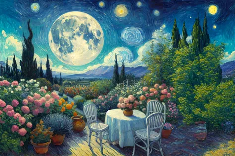 full moon from the garden. beautiful sky. van gogh painting style. oil canvas.