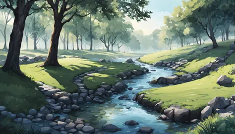 illustration of a park land, grass, trees, streams, rocks