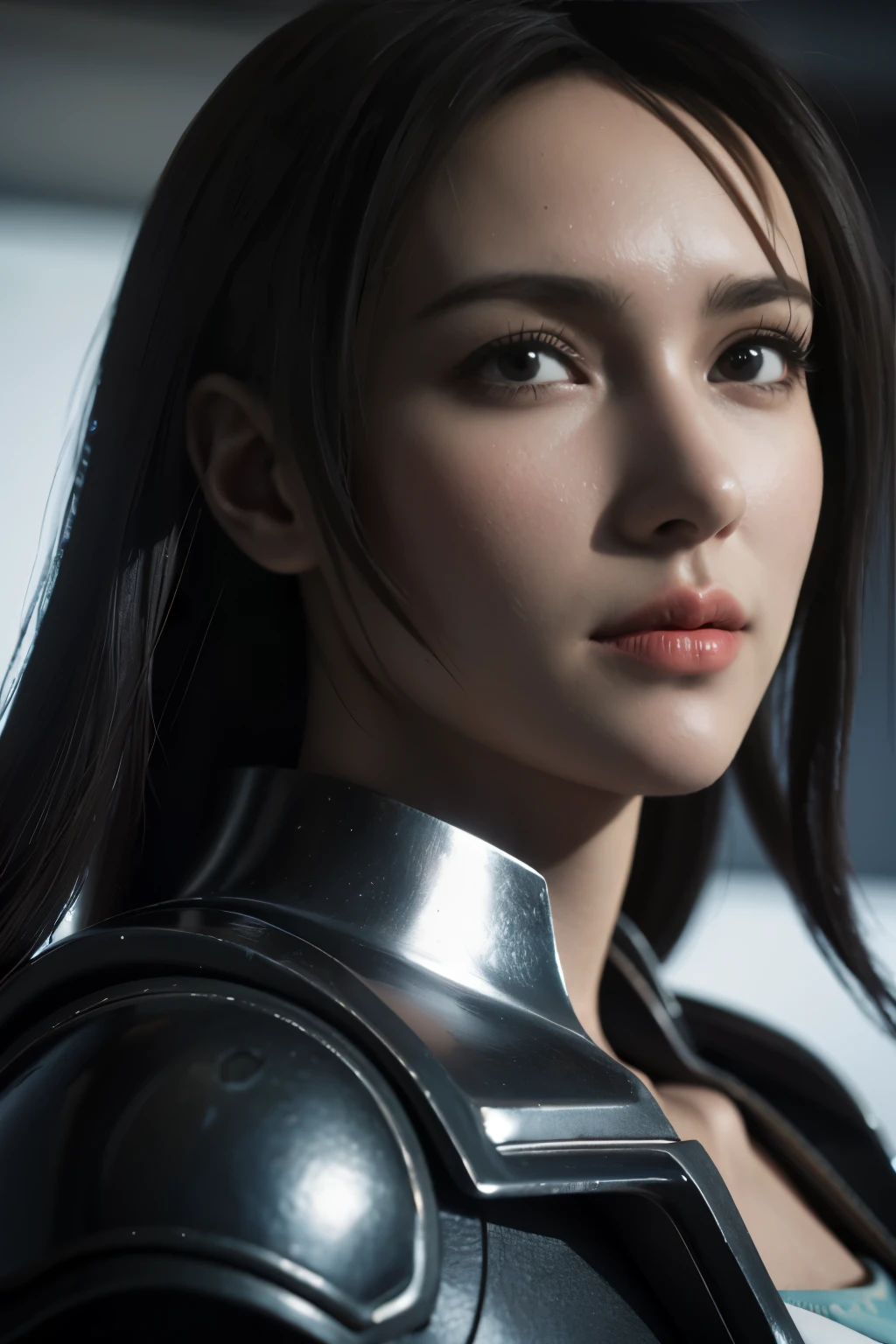 Game art，The best picture quality，Highest resolution，8K，(A bust photograph)，(Portrait)，(Head close-up:1.5)，(Rule of thirds)，Unreal Engine 5 rendering works， (The Girl of the Future)，(Female Warrior)， 
20岁少女，An eye rich in detail，(Big breasts)，优雅高贵，冷漠，勇敢的，
（A futuristic combat suit with medieval style，A beautifully patterned badge，Joint Armor，Extremely rich detail of armor，Mysterious light），Sci-fi characters，Warrior，

拍照姿势，简单背景，Movie lights，Ray tracing，Game CG，((3D Unreal Engine))，oc渲染反射纹