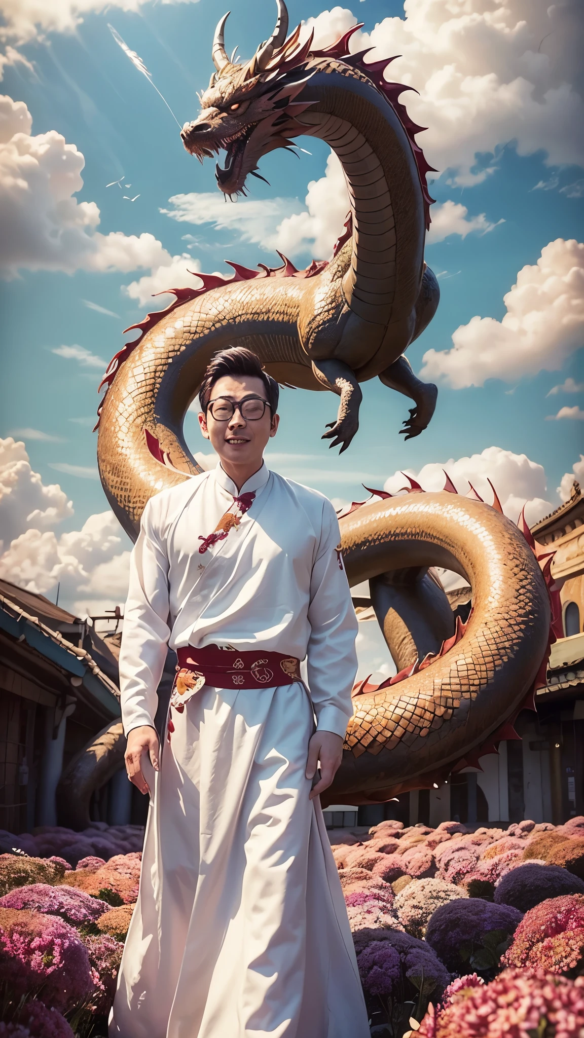 Un hombre vestido con un vestido largo de vietnamita., un dragón chino gigante, arte realista, nubes, flores alegres volando en el aire, 