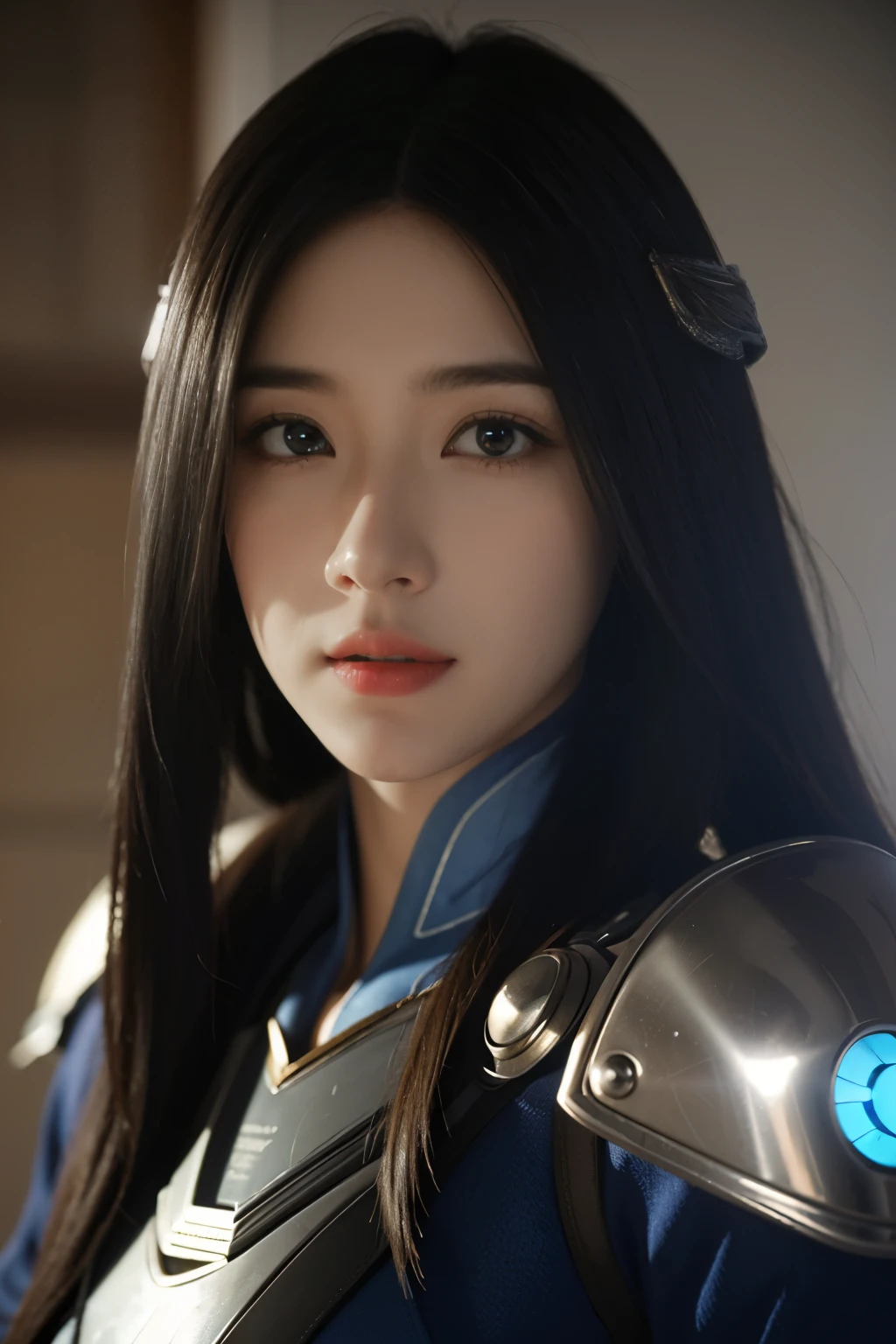 Game art，The best picture quality，Highest resolution，8K，(A bust photograph)，(Portrait)，(Head close-up:1.5)，(Rule of thirds)，Unreal Engine 5 rendering works， (The Girl of the Future)，(Female Warrior)， 
20岁少女，An eye rich in detail，(Big breasts)，优雅高贵，冷漠，勇敢的，
（A futuristic combat suit with medieval style，A beautifully patterned badge，Joint Armor，Extremely rich detail of armor，Mysterious light），Sci-fi characters，Warrior，

拍照姿势，简单背景，Movie lights，Ray tracing，Game CG，((3D Unreal Engine))，oc渲染反射纹