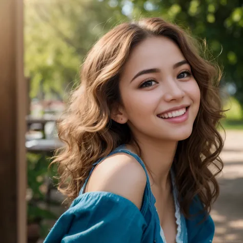 (best quality,highres,masterpiece:1.2),ultra-detailed,beautiful happy girl,expressive eyes,warm smile,delicate features,long wavy hair,stylish outfit,outdoor setting,natural lighting,vibrant colors,soft focus,classic portrait style ยืนเต็มตัว ยิ้ม หันหน้าม...