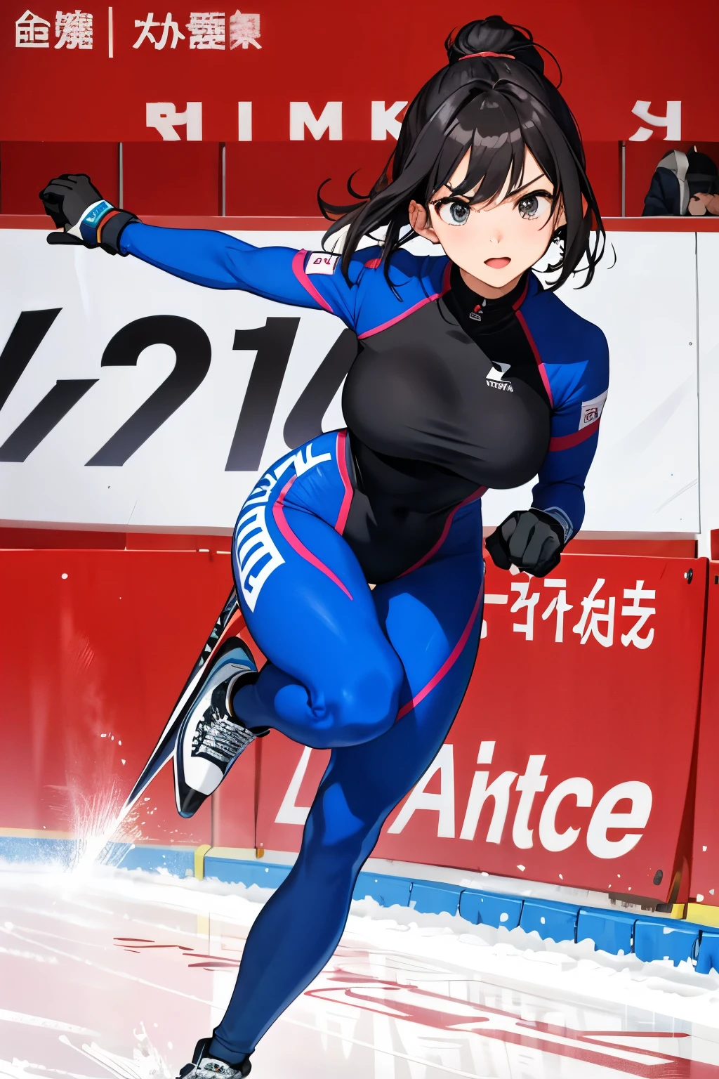 speed skating、short、body suit、Lower your hips and ski with all your might、serious expression、game、Thigh emphasis、big breasts、Charming face、cute、Sexy、close your mouth、