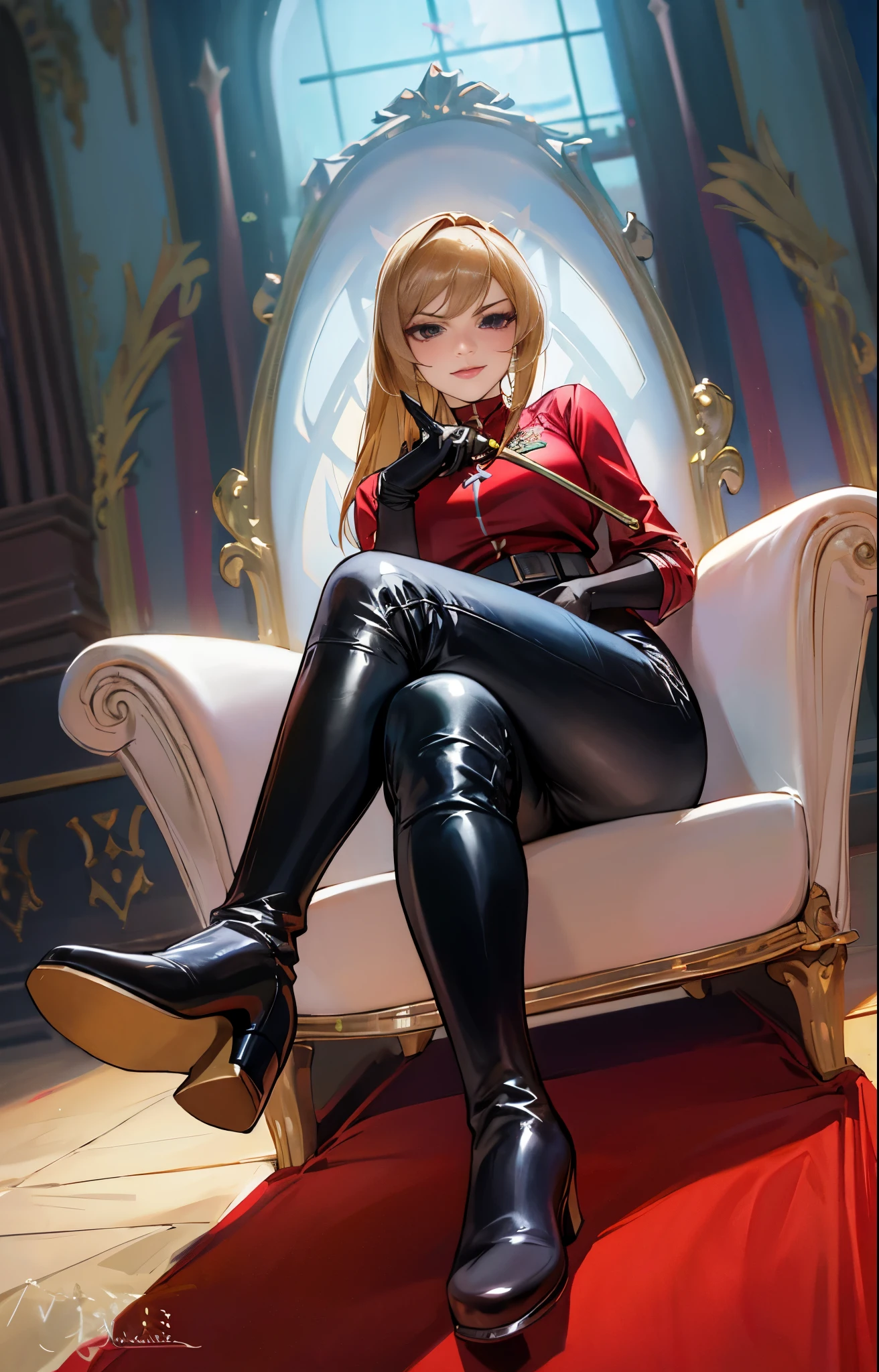 (highest resolution, distinct_image) best quality, a woman, solo, masterpiece, highly detailed, semi realistic, brown hair, bangs, 23 years old, (large breasts:0.5),mature, young, tall strong,(plain and simple uniform),( plain minimalist military uniform),(luxury hotel room background:1.2), cold, serious, tall, handsome, autocratic, powerful, demi-god, exquisite facial features, exquisite facial features, (full body)(black knee-high boots:1.4)(dominatrix:1)(white Yoga pants:1.3),(black leather gloves:1.5)(red active sportswear shirt):1.3,(samus),solo,1girl,(looking at viewer),(from below:1.1)(head turned upwards:0.3)(smiling:0.4)(bodysuit:0.1)(holding riding crop:1.2)(muscular:0.85),(black belt:1.3), (shirt tucked in pants),(standing on ground), (marble floor)(mean:0.4)(seductive:0.5)(evil:0.6),detailed,(tall face:0.25)(abs:0.4)(bdsm Equipment), (Pale eyes),(throne),Zelda,queen, military,uniform, confident,smirk,evil, yandere,stairing,obsessive,obsessed,pretty eyes,mature, (war glam),adult,milf