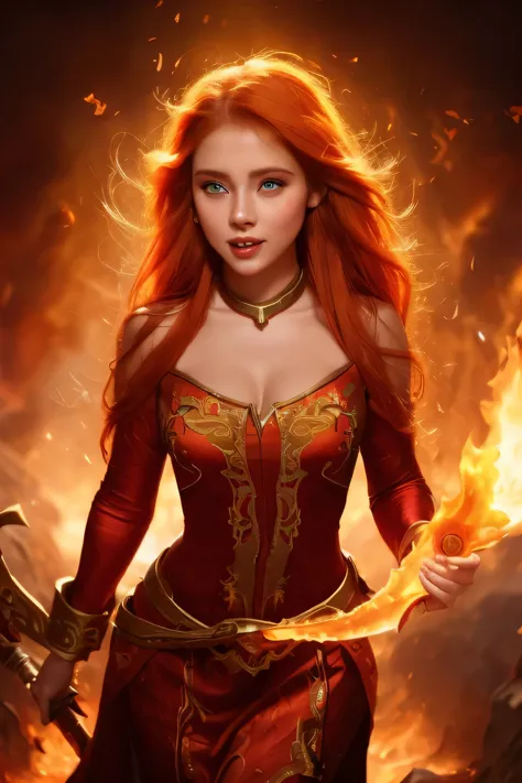 outstanding drawings of beautiful caucasian girls, intense, surrounded by flames, dota2 firegirl style, ghost knife style, fire-...