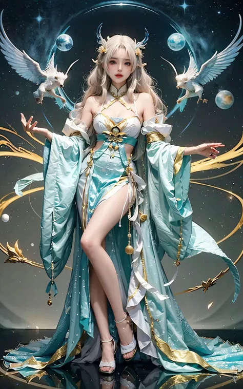 Close-up of a woman in costume on stage, full body xianxia, Beautiful celestial mage, Stunning young and ethereal figure, beauti...