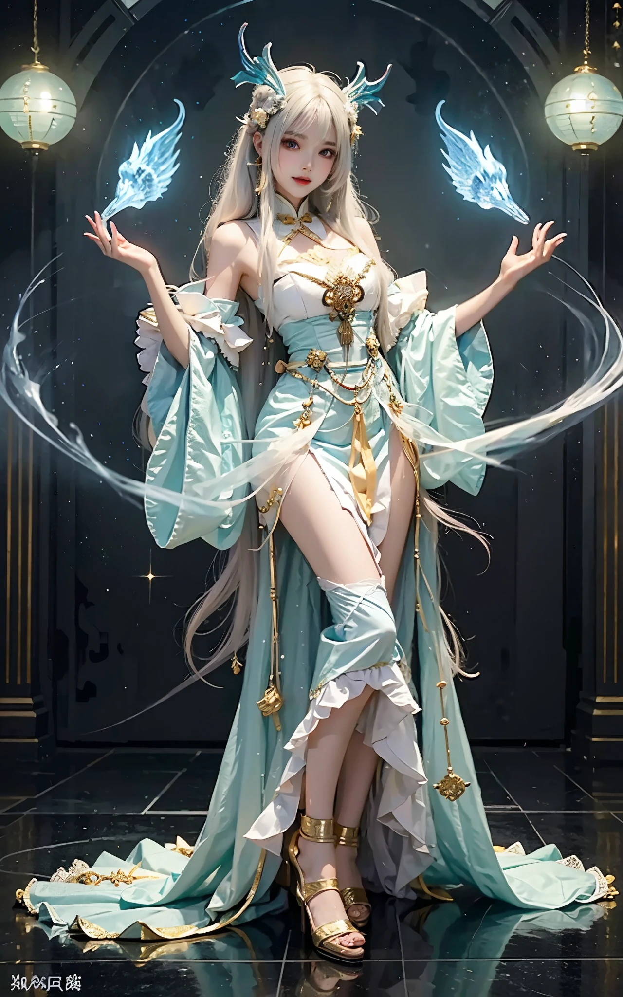 Close-up of a woman in costume on stage, full body xianxia, Beautiful celestial mage, Stunning young and ethereal figure, beautiful fantasy queen, sha xi, xianxia fantasy, Belle Defin, ethereal fantasy, Elegant and charming cosplay, heise jinyao