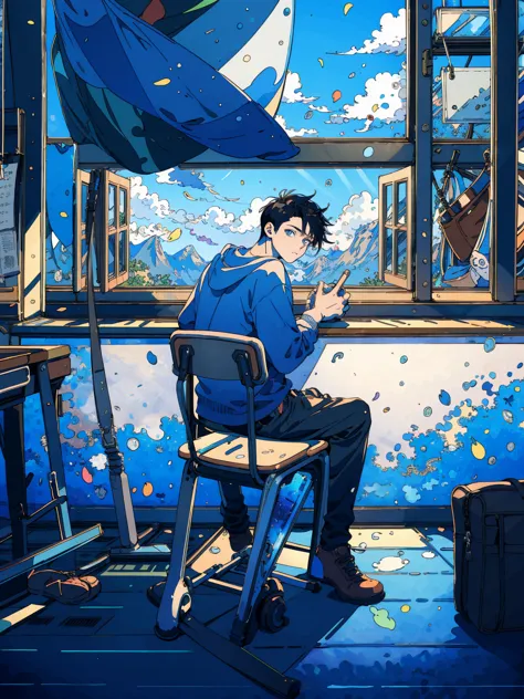 (masterpiece:1.2), best quality,pixiv,fairy tale style, 18 years old, boy, black hair, blue eyes, indifferent, window, sitting i...