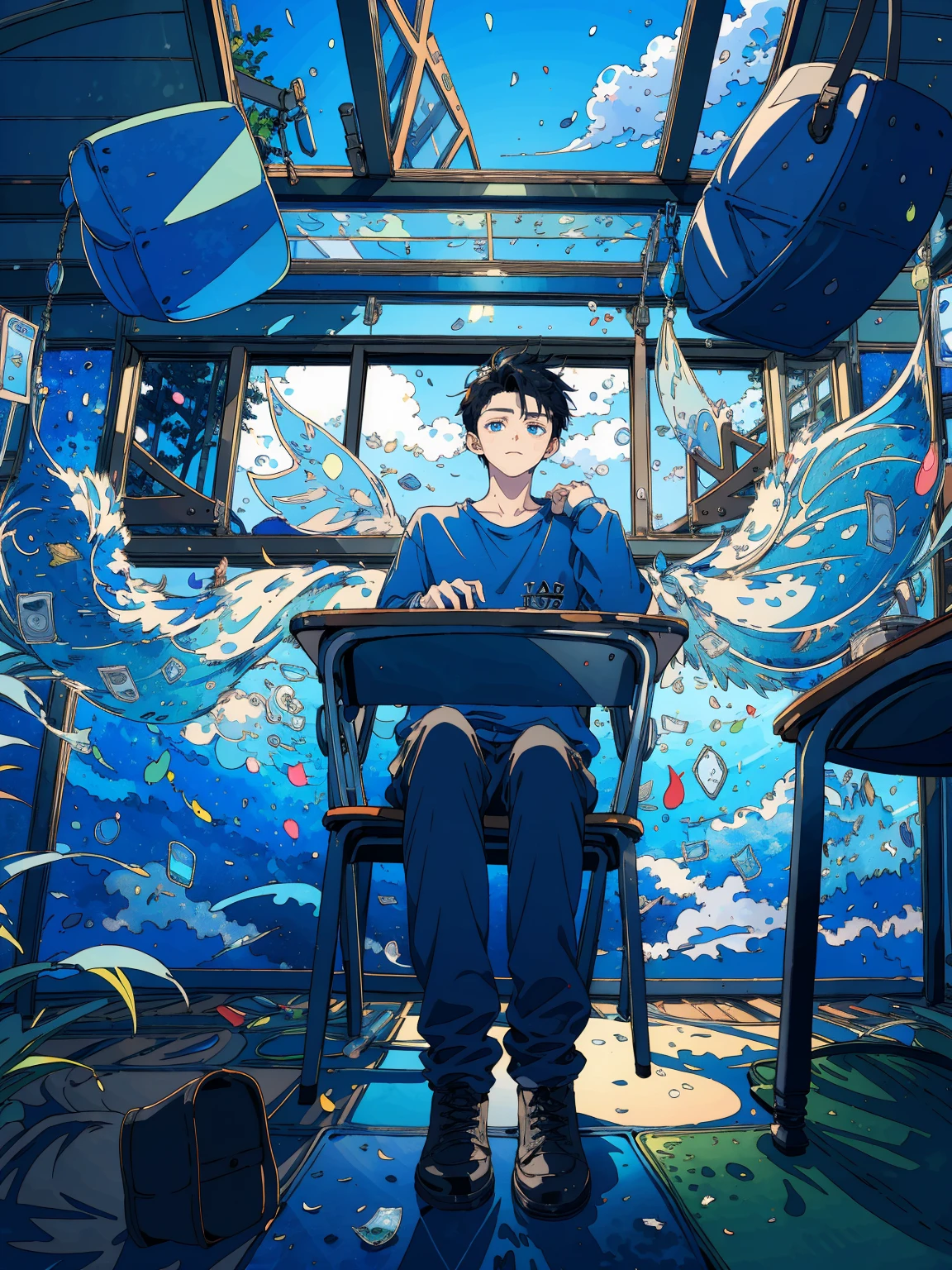 (masterpiece:1.2), best quality,PIXIV,fairy tale style, 18 years old, boy, black hair, blue eyes, indifferent, looking at the nearing dusk from the window, sitting inside of an classroom,


