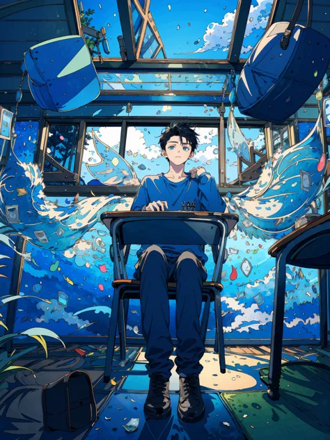 (masterpiece:1.2), best quality,pixiv,fairy tale style, 18 years old, boy, black hair, blue eyes, indifferent, window, sitting i...