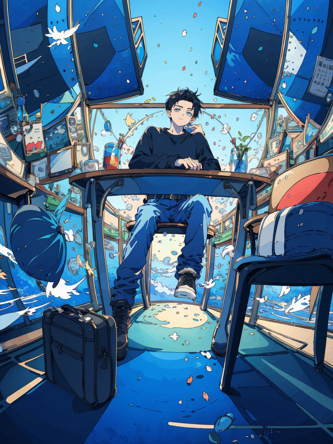 (masterpiece:1.2), best quality,PIXIV,fairy tale style, 18 years old, boy, black hair, blue eyes, indifferent, looking at the nearing dusk from the window, sitting inside of an classroom,


