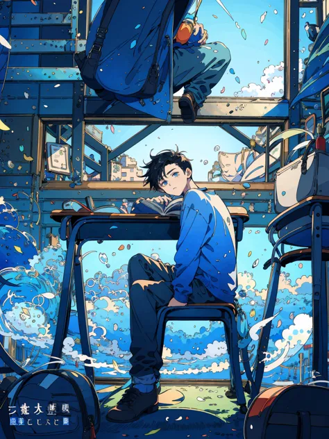 (masterpiece:1.2), best quality,pixiv,fairy tale style, 18 years old, boy, black hair, blue eyes, indifferent, window, sitting i...