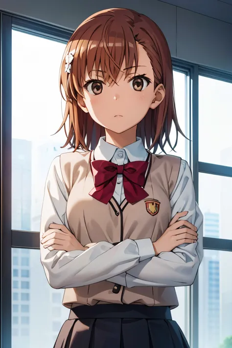(((pixel perfect, detail perfect))), alone, 1 girl, Misaka Mikoto, Tokiwadai School Uniform, bow, looking at the viewer, crossed arms, closed mouth, Upper body