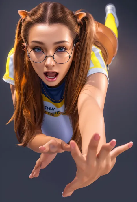 ultra Realistic hyper Realistic body skin texture ultra Realistic a girl with long brown ponytails, in a bright shirt and glasse...